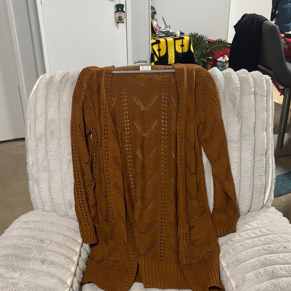 Hippie Rose Brown Open Knit Cardigan